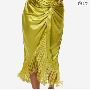 H&M Chartreuse Satin Fringe Midi Skirt
